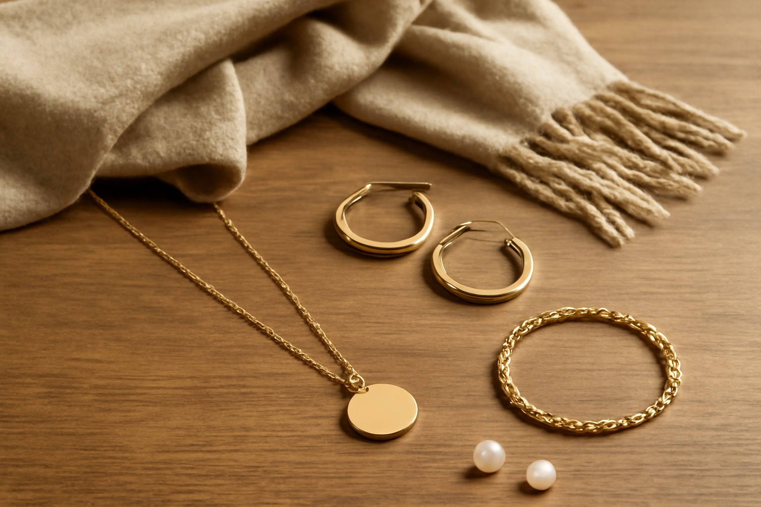 bijoux et écharpe disposés sur une table