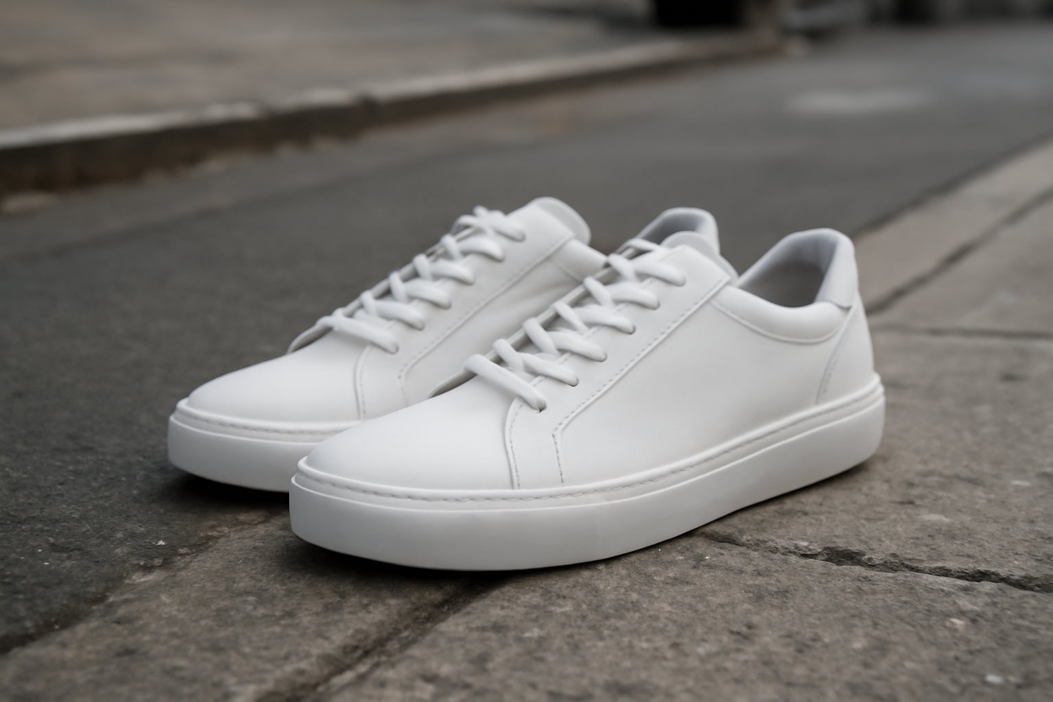 paire de baskets blanches posee sur trottoir urbain