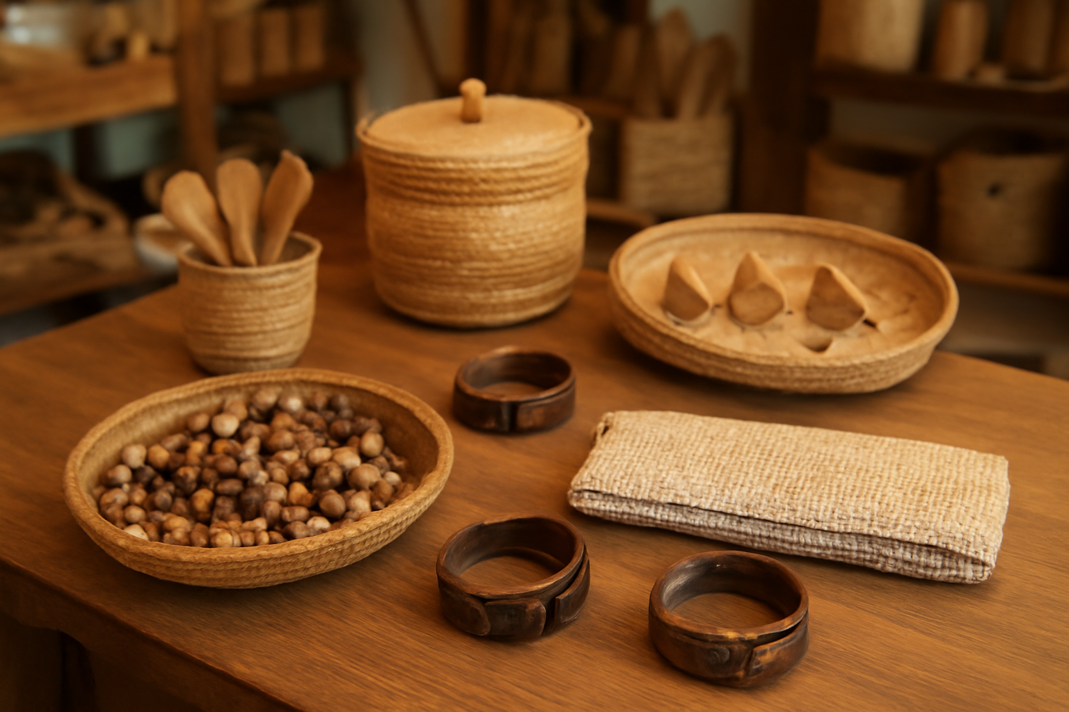 étalage d'accessoires artisanaux sur comptoir