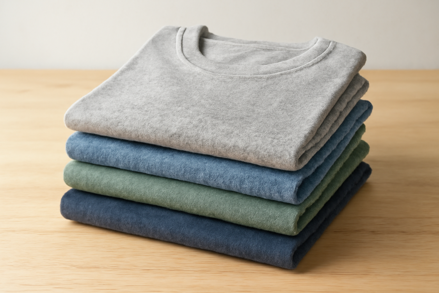 pile de t-shirts recyclés sur table claire