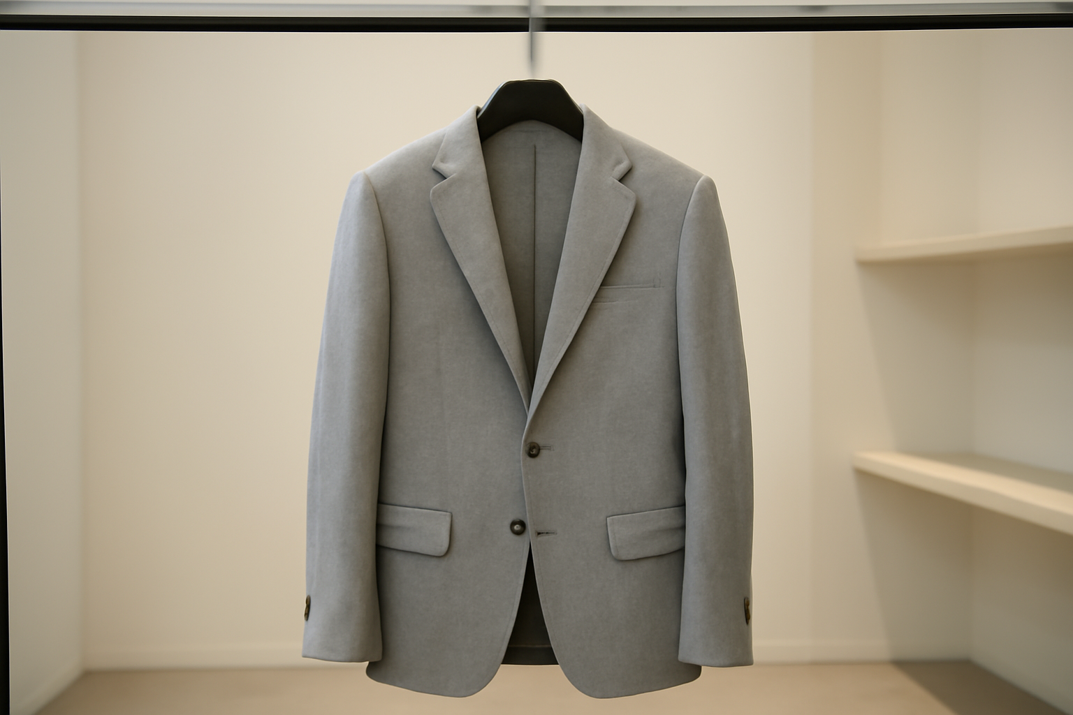 blazer posé sur cintre en boutique minimaliste