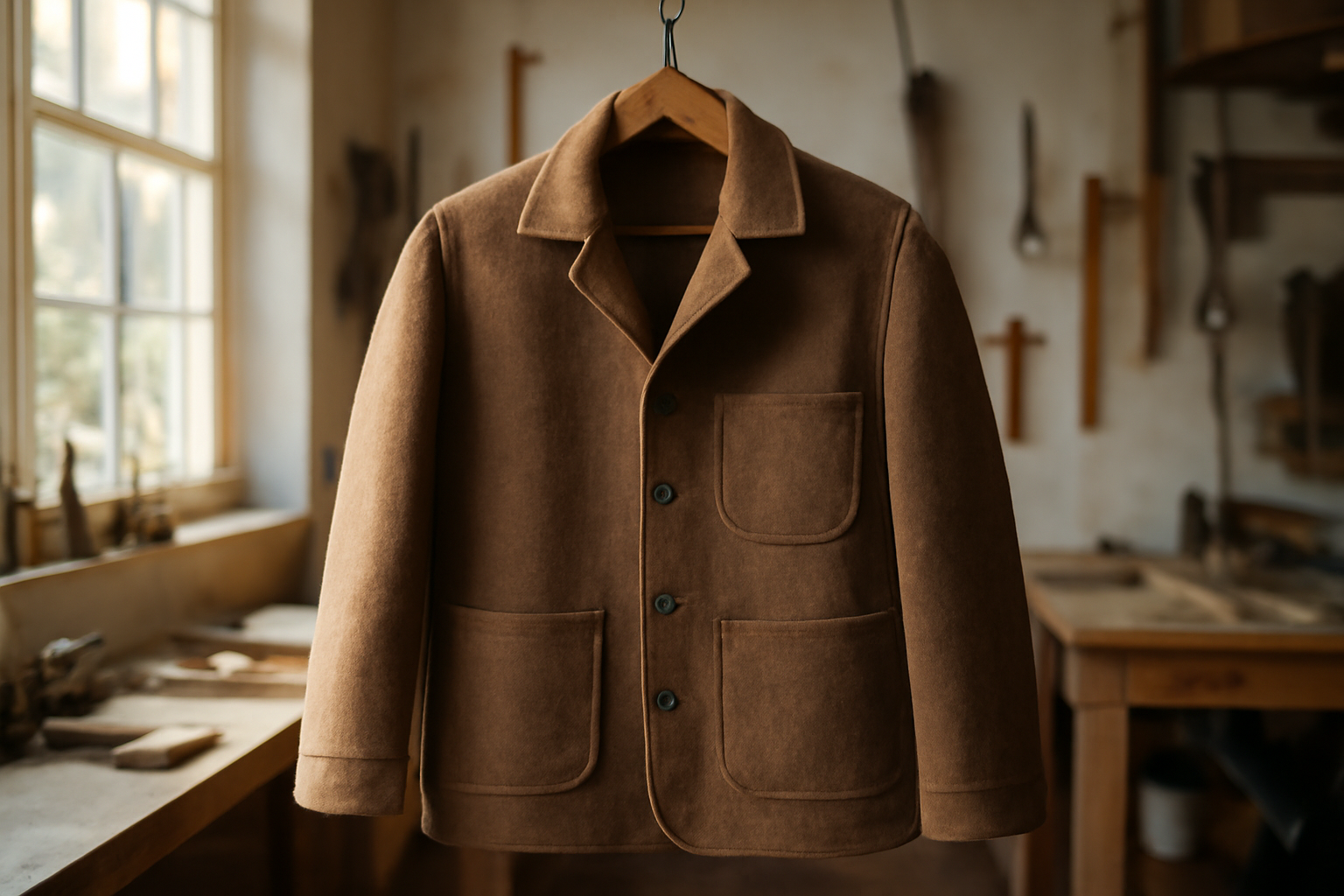 veste artisanale suspendue dans un atelier lumineux