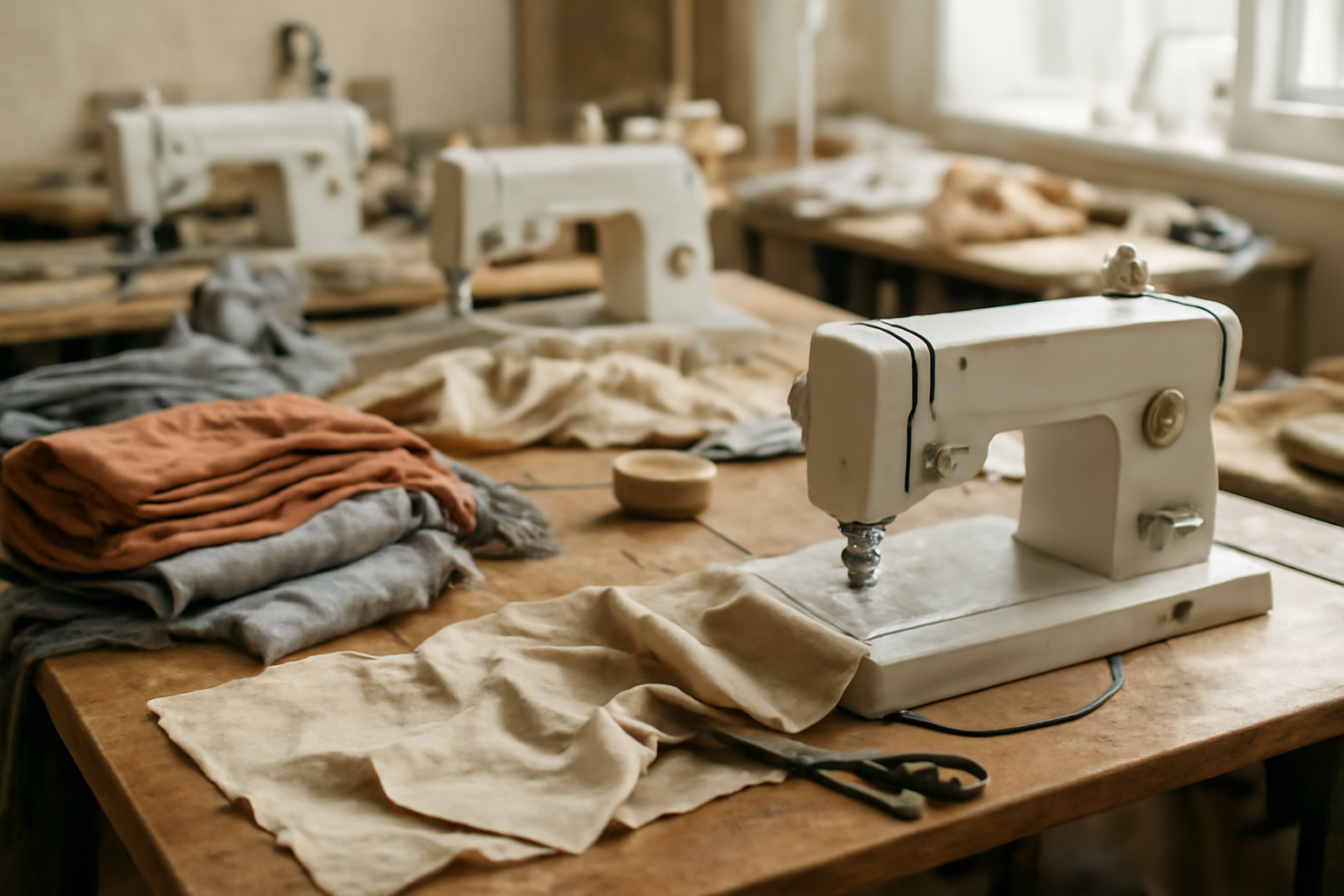 atelier couture avec machines et tissus épars