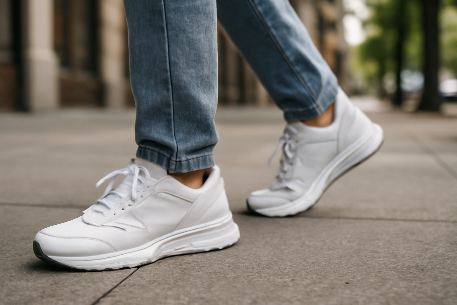 personne marchant en baskets sur trottoir