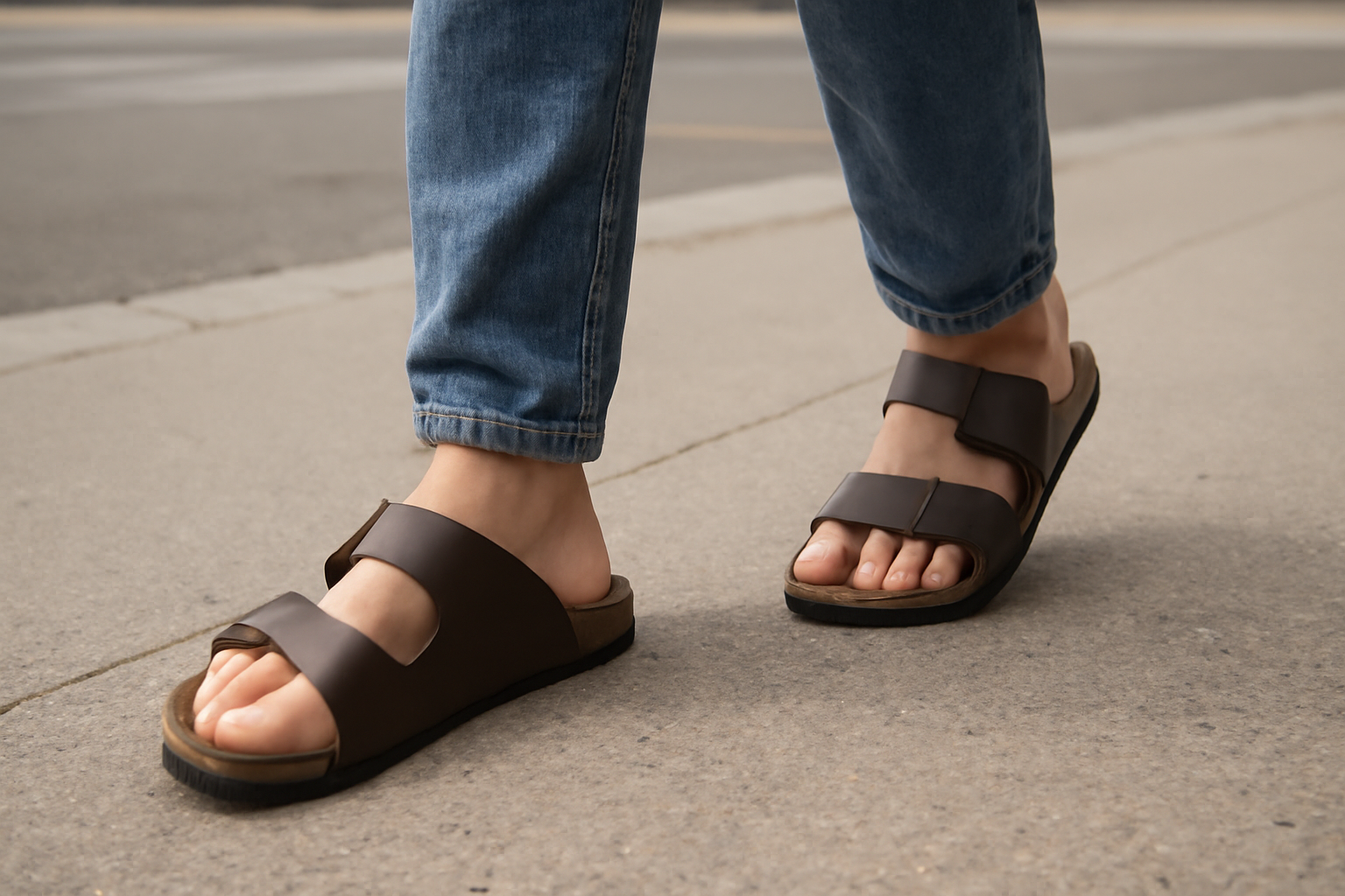 personne marchant en sandales sur sentier urbain