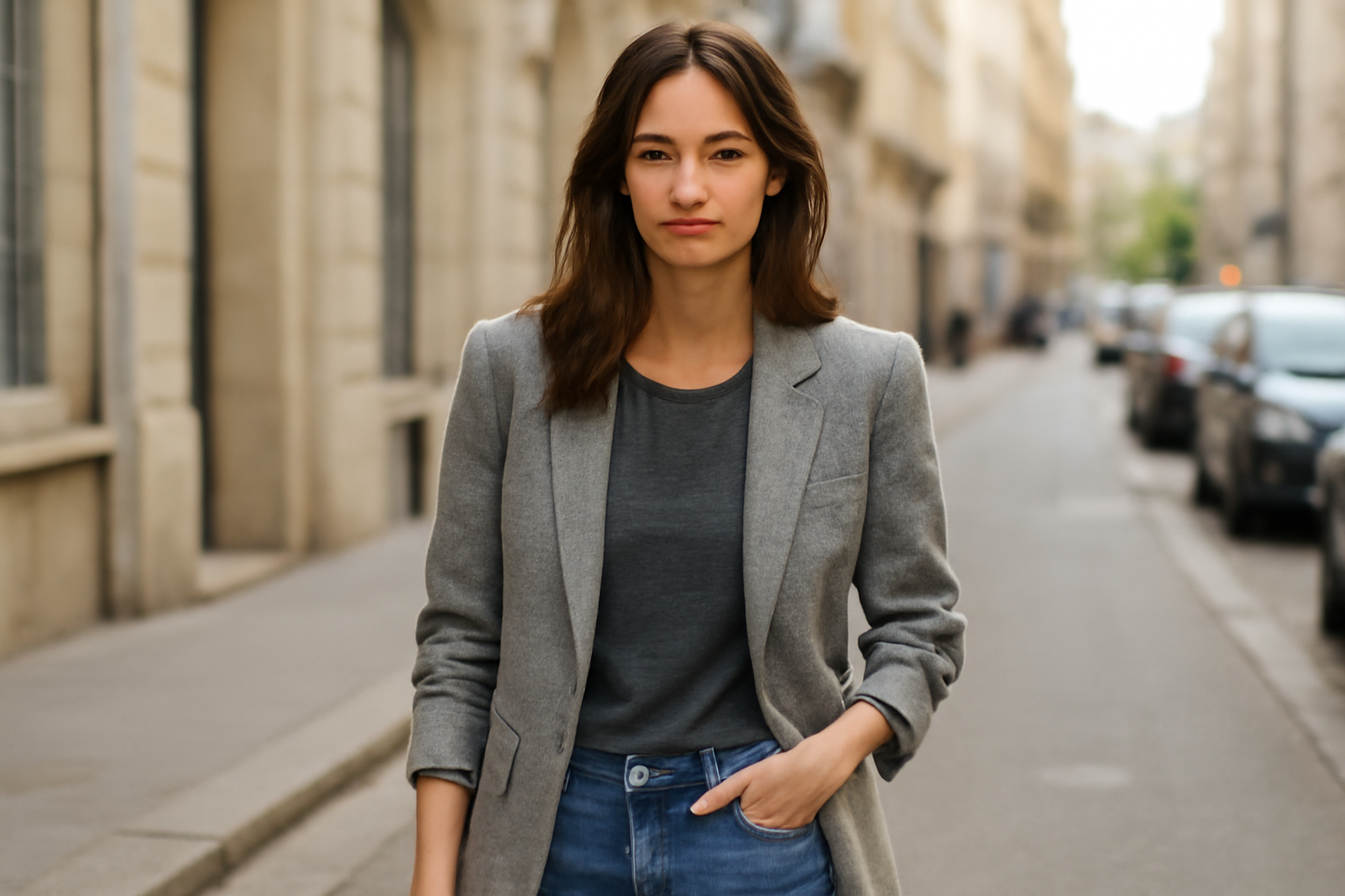 femme portant blazer décontracté en rue