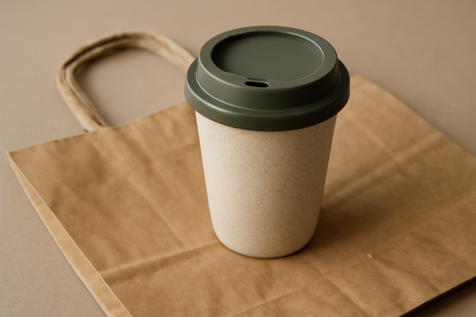 tasse réutilisable posée sur un sac de shopping
