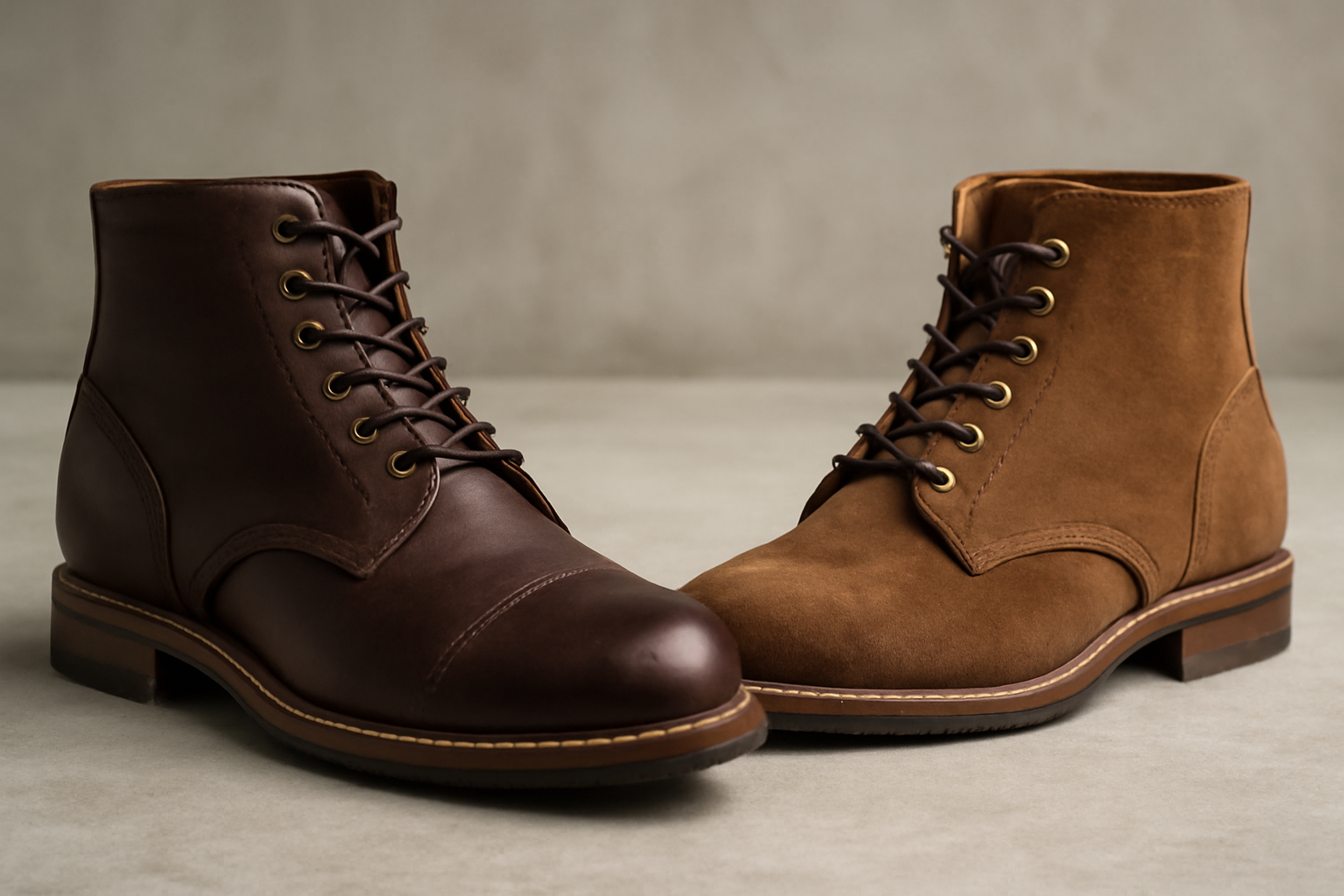 paire de bottes cuir et suede cote a cote