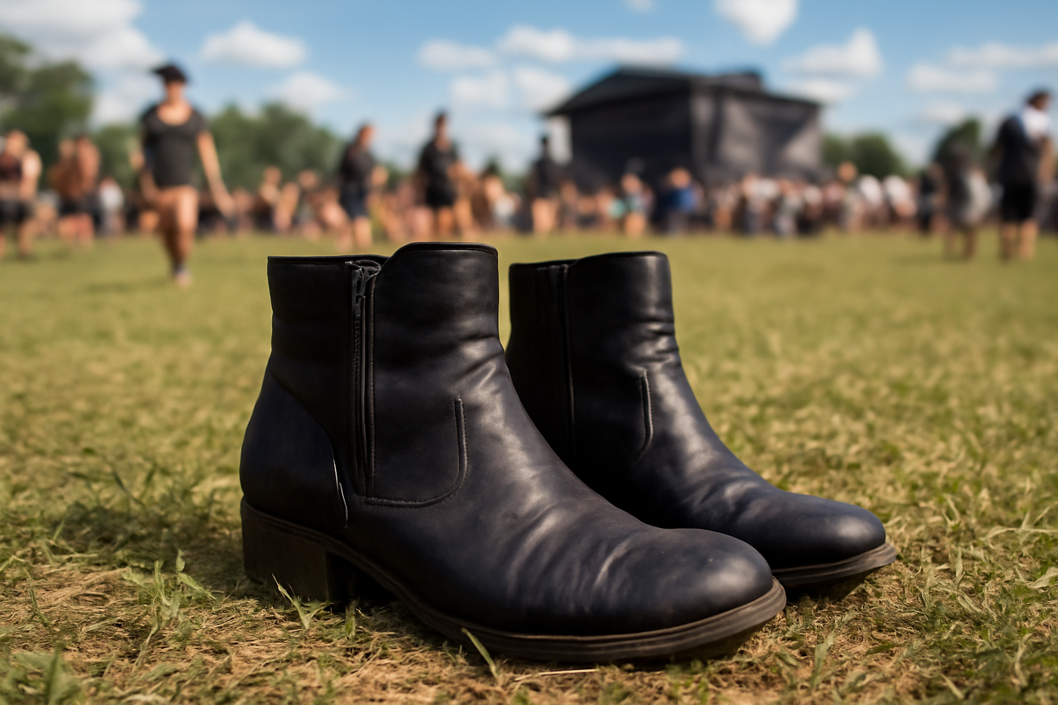 bottines posées sur pelouse de festival