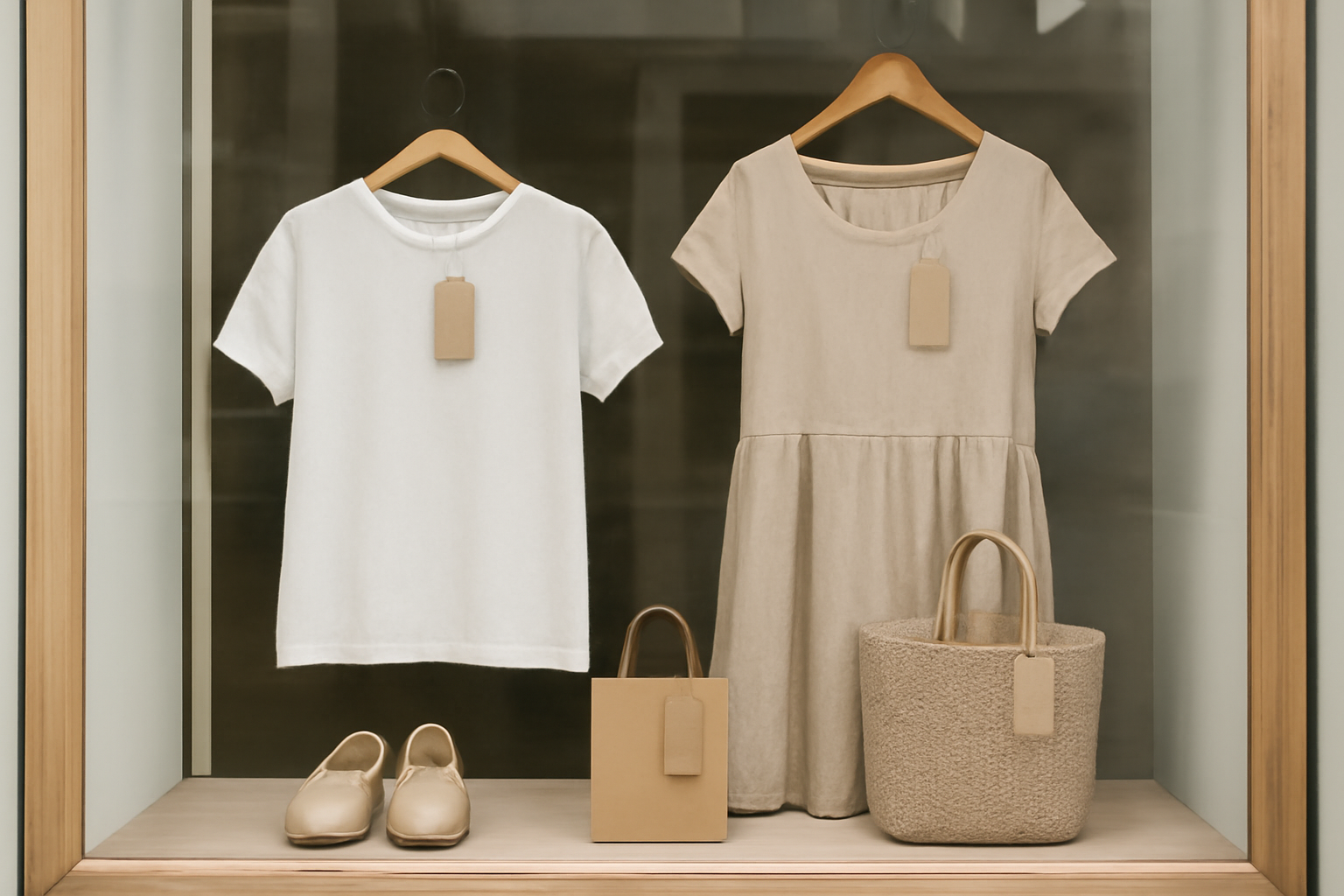 vitrine minimaliste avec etiquettes artisanales