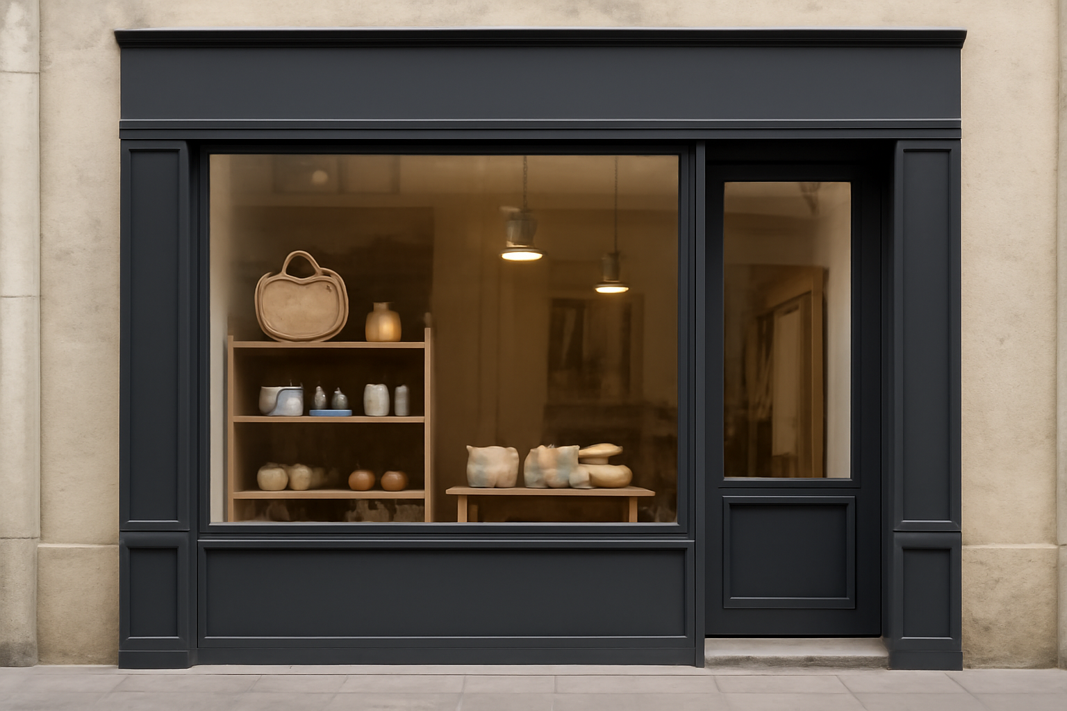 vitrine sobre d'une boutique artisanale en ville