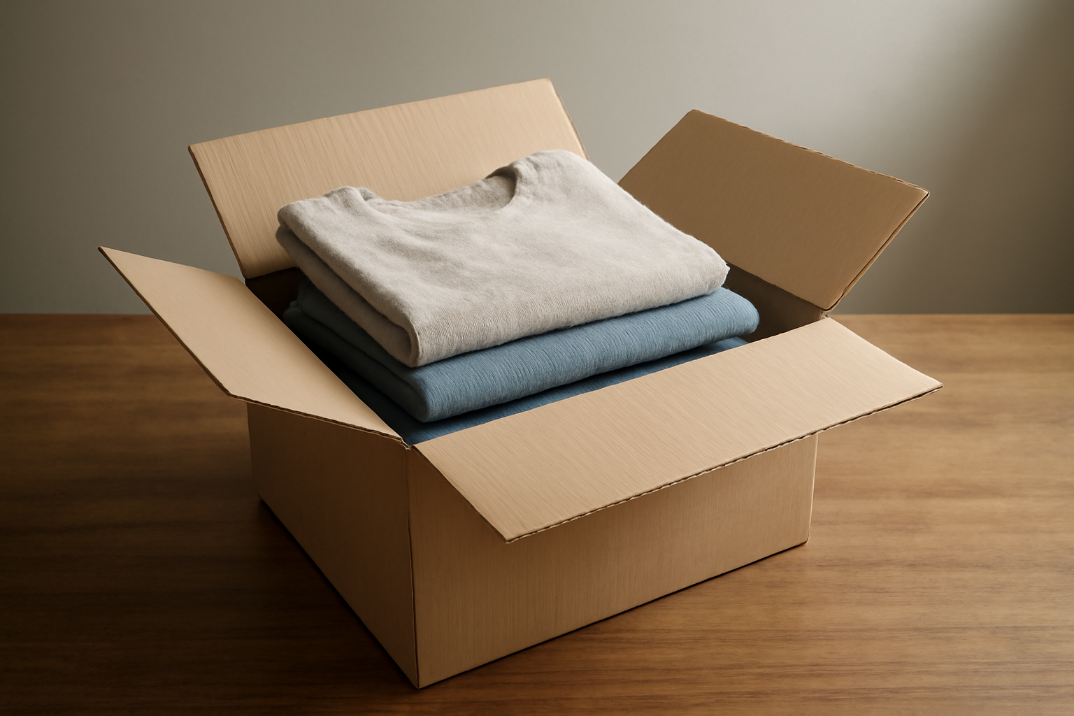 box ouverte avec vetements plies sur table