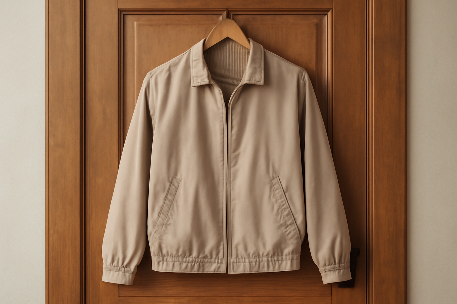 veste legere accrochee sur porte en bois