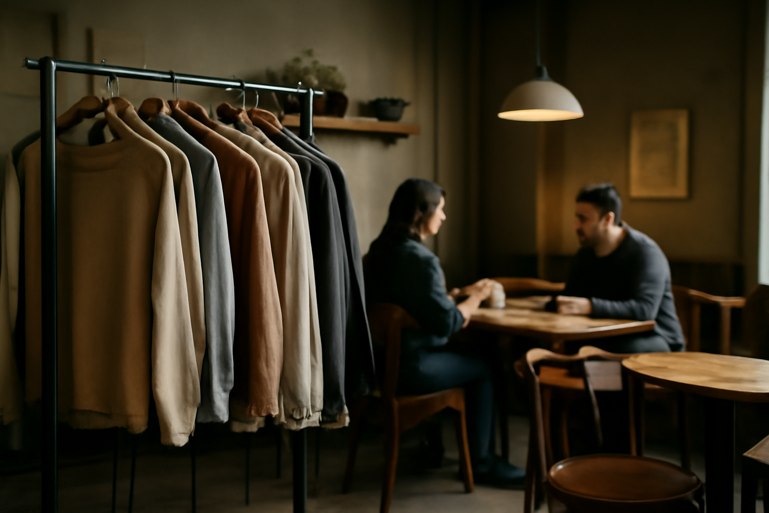 espace café avec vêtements suspendus et clients
