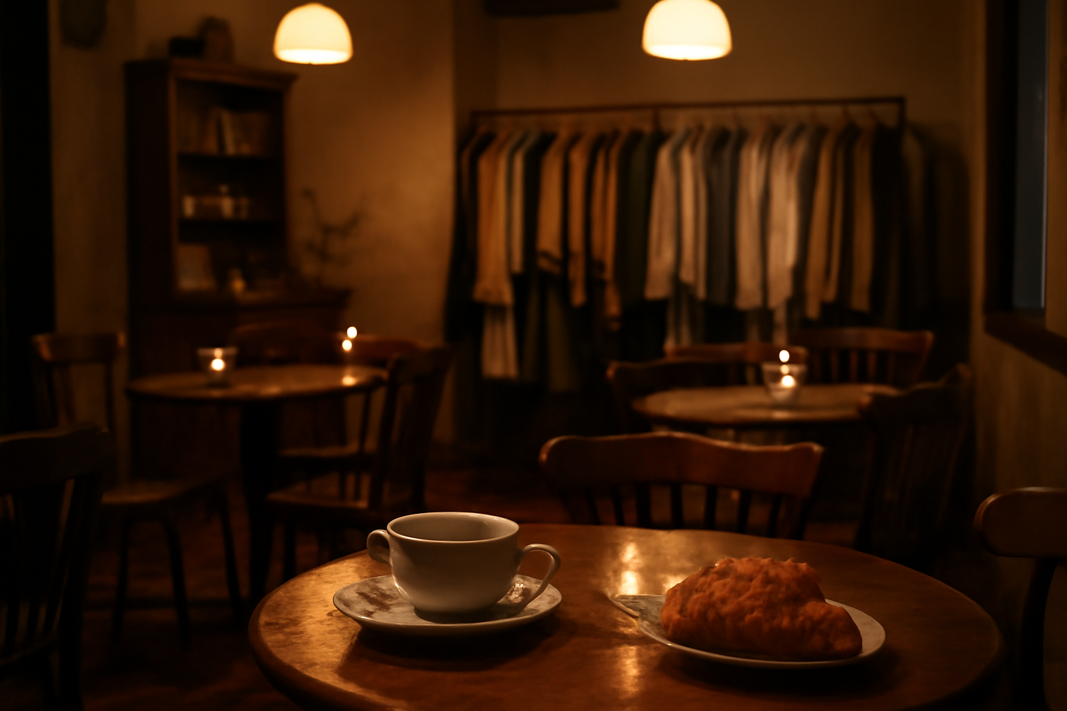 café cosy avec étal de vêtements le soir