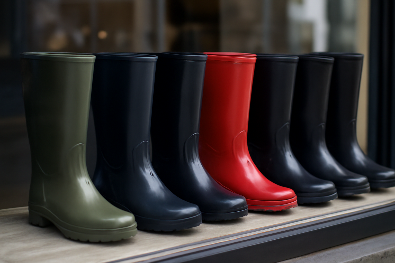 rangée de bottes imperméables en vitrine