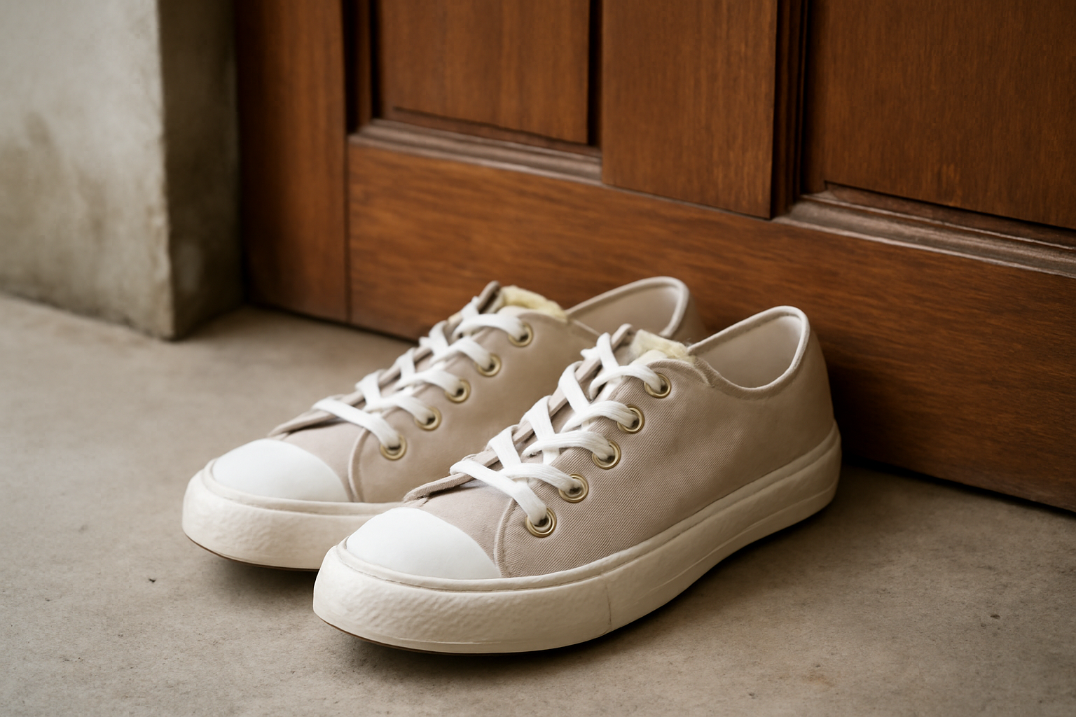 paire de baskets posee pres d'une porte