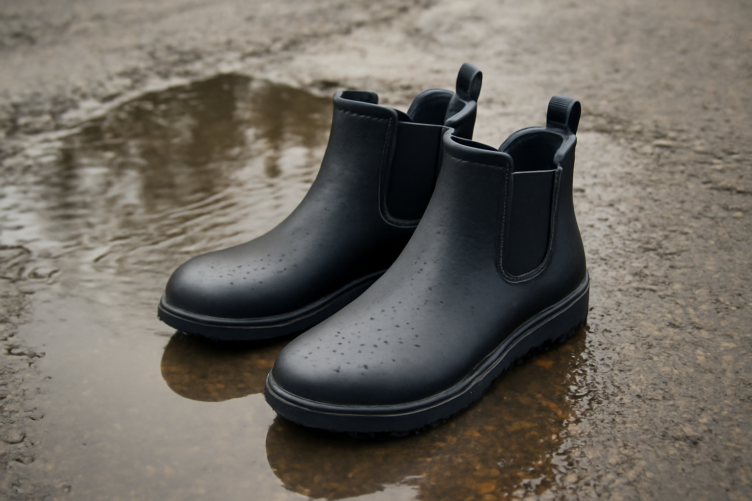 paire de bottines impermeables pres d'une flaque
