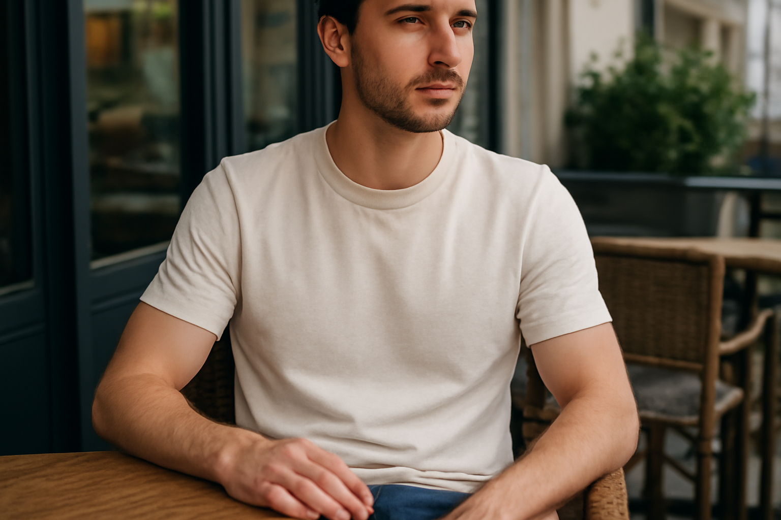 personne portant un t-shirt clair en terrasse