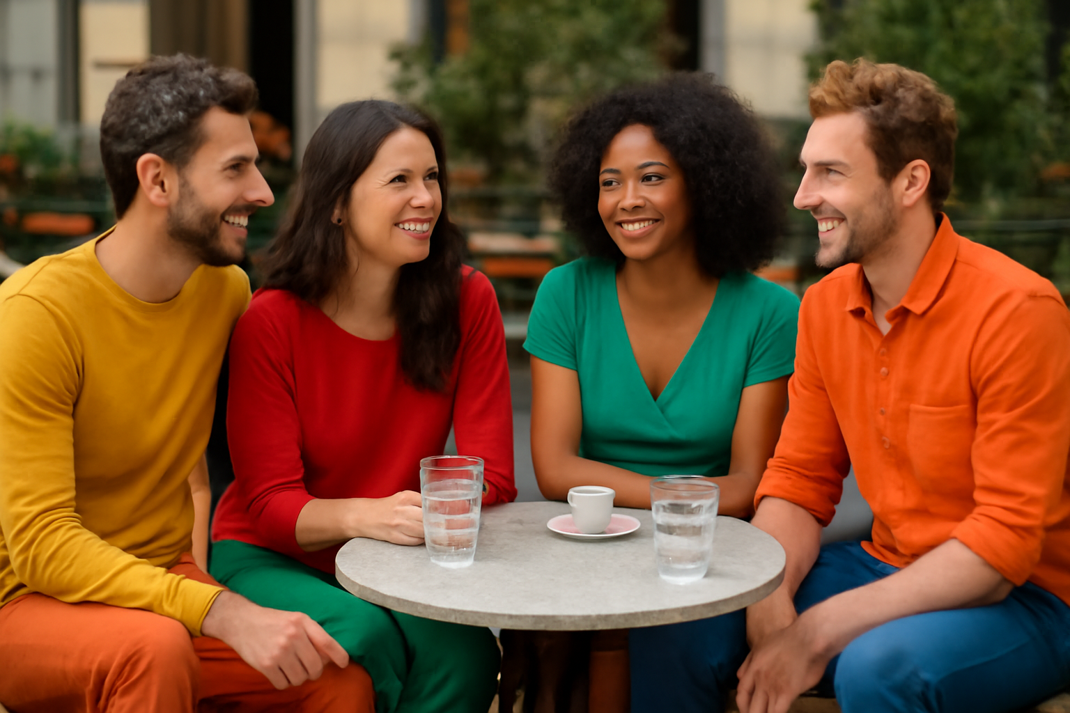 personnes portant tenues colorees en terrasse