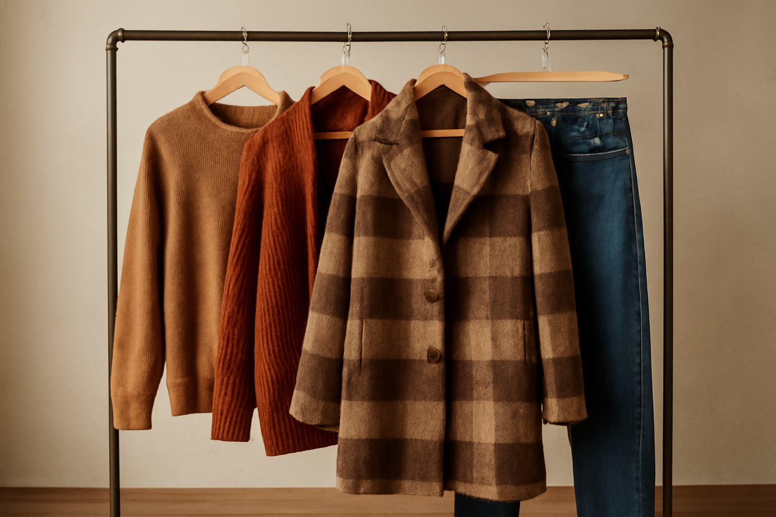 tenues automnales suspendues sur un portant
