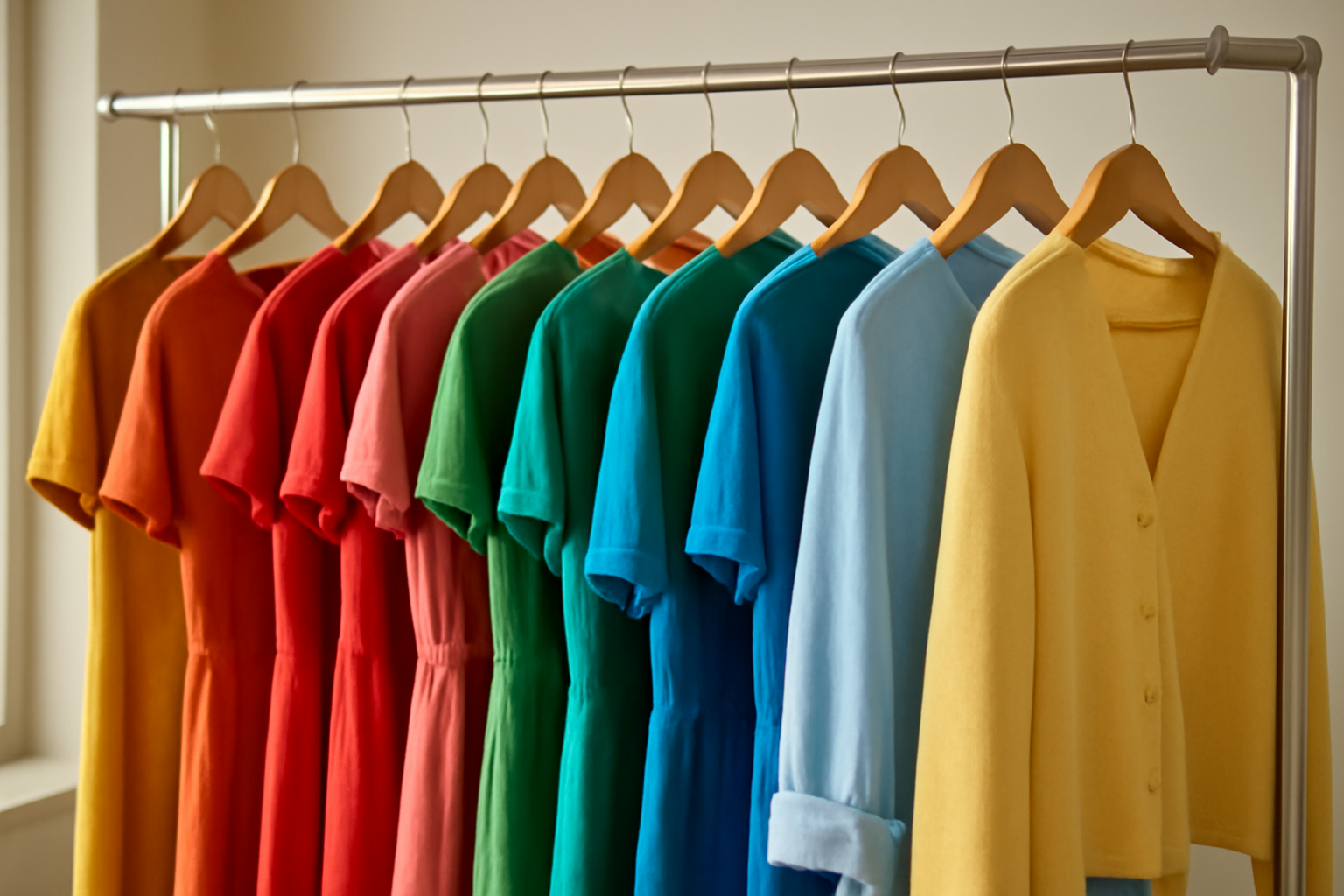 tenues colorées suspendues sur portants lumineux