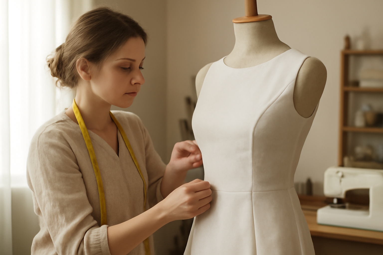 couturière ajustant une robe sur un mannequin