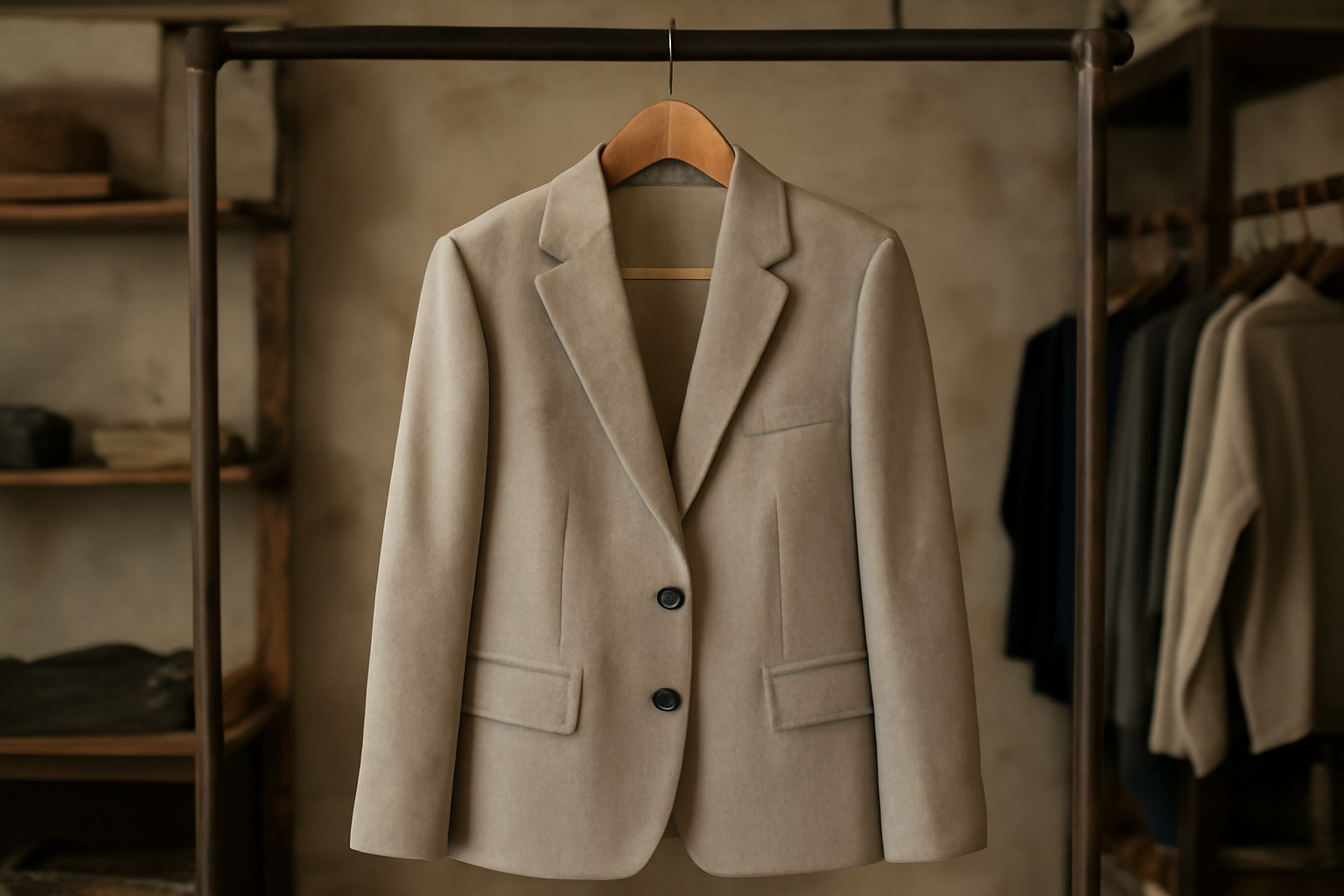 veste structurée accrochée dans une boutique artisanale