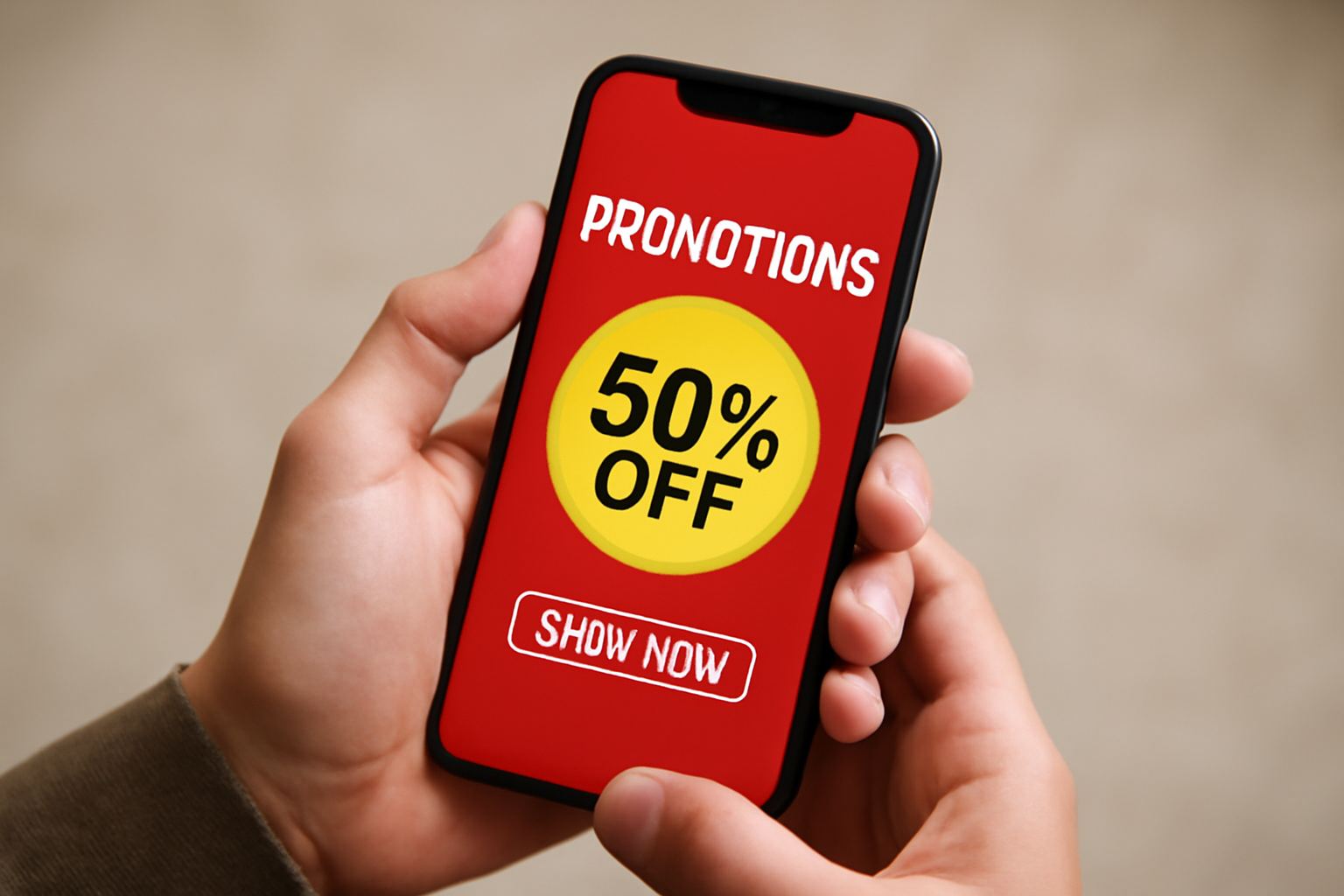 mains tenant smartphone avec ecran promotions