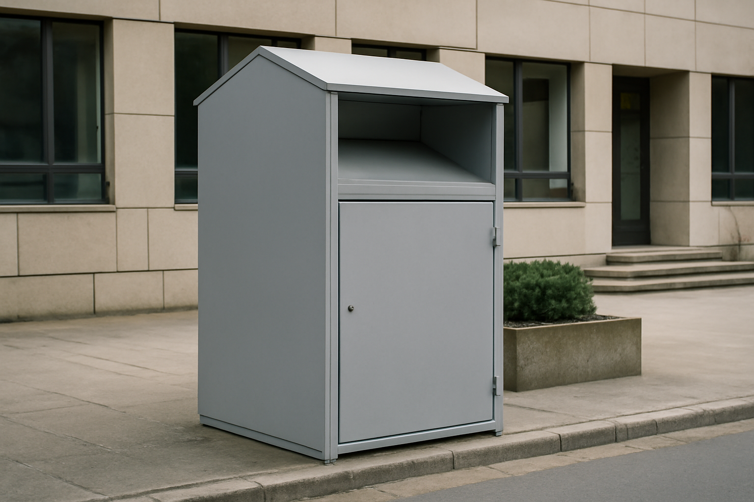 conteneur textile discret devant bâtiment public