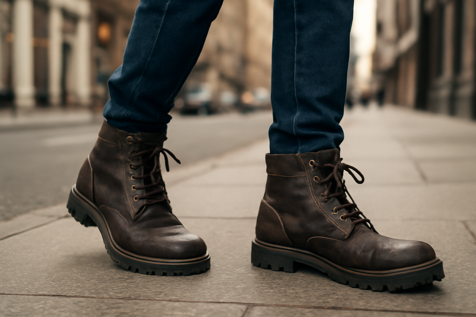 personne marchant en bottines robustes en ville