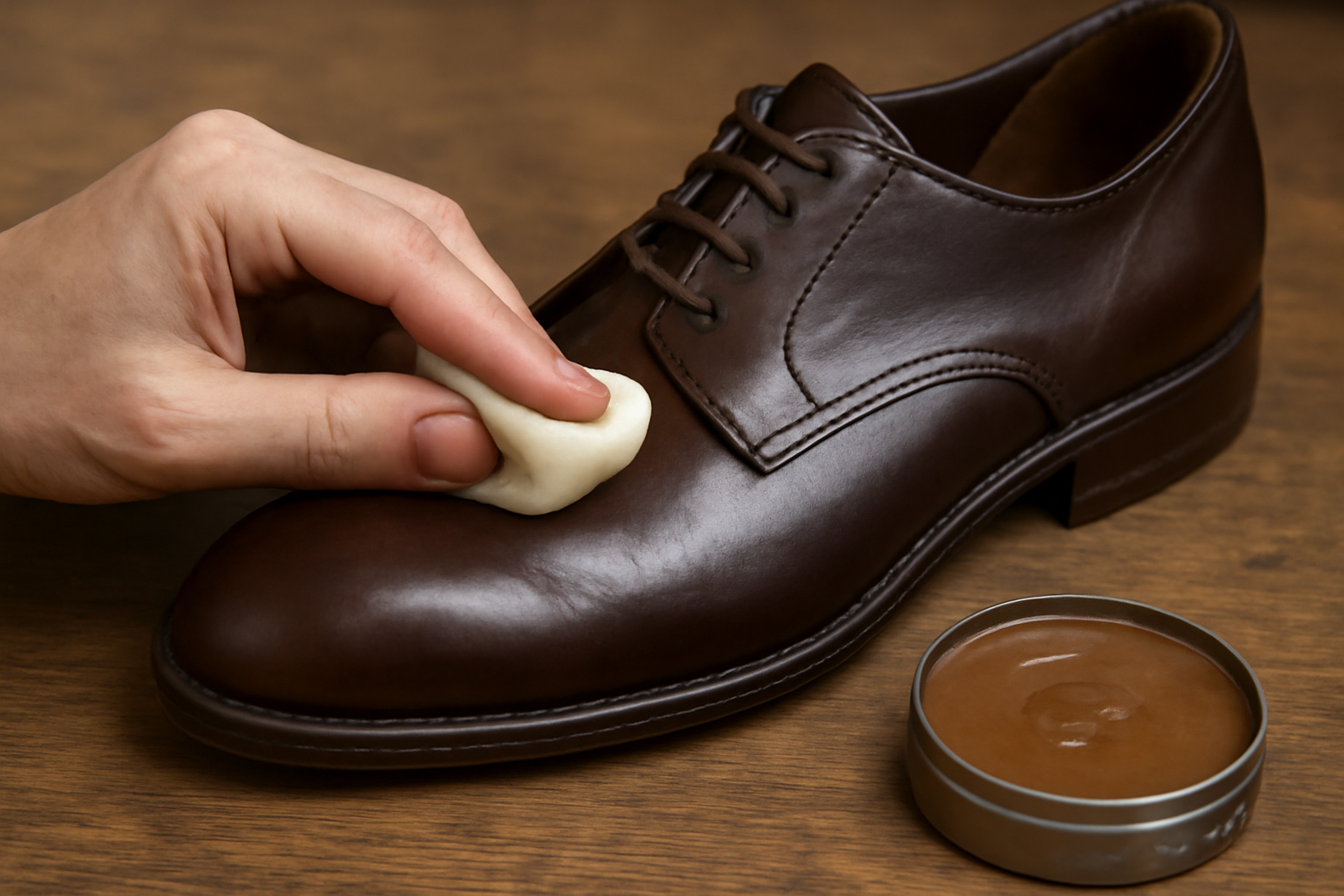 mains appliquant cire sur chaussure en cuir