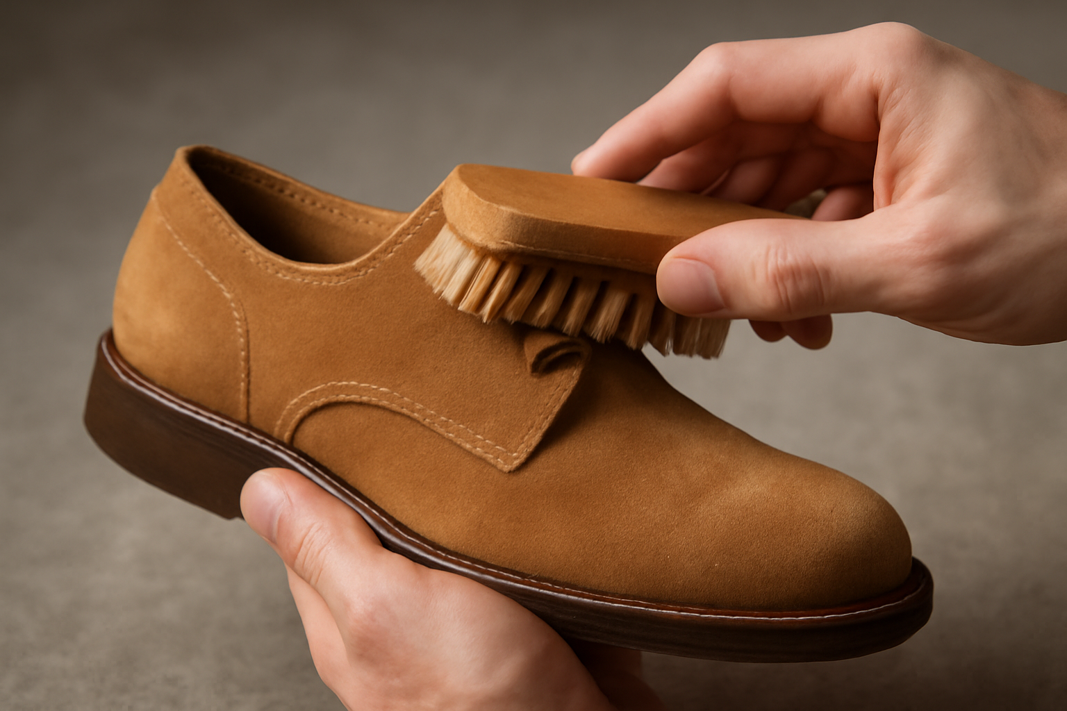 mains appliquant brosse sur chaussure en daim