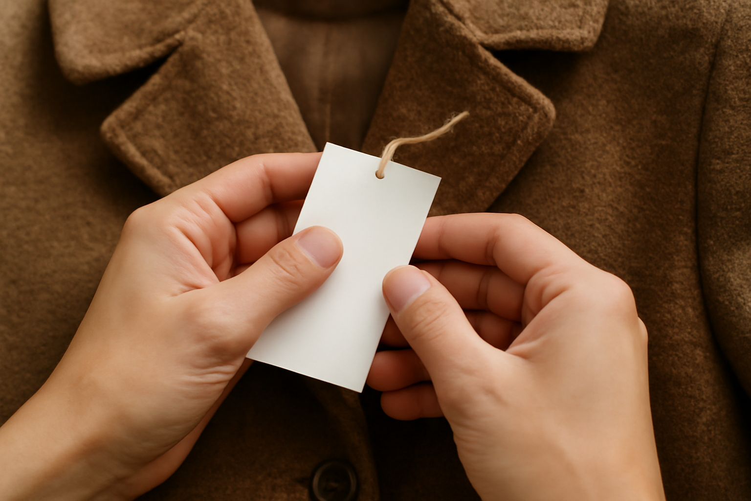 main lisant l'étiquette d'un manteau neuf