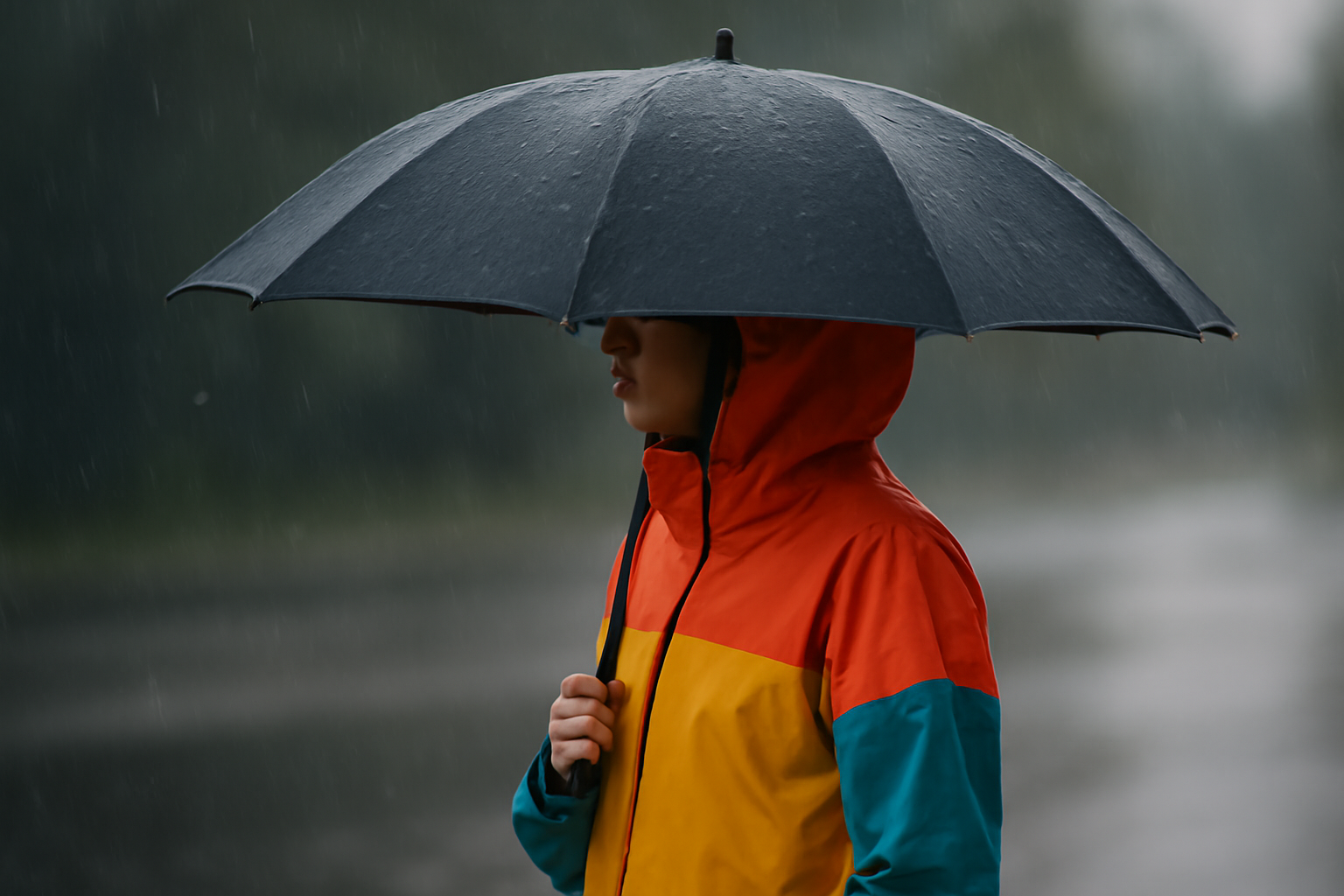 personne sous un impermeable colore avec parapluie