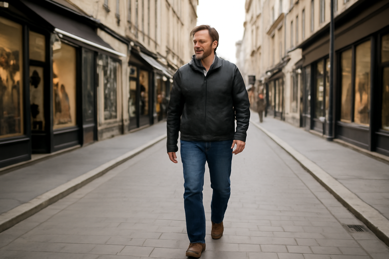 piéton marchant le long d'une rue commerçante