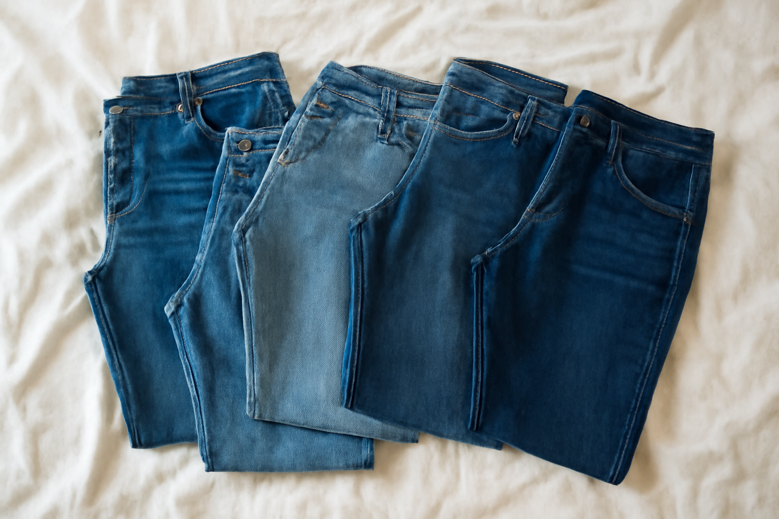 differents jeans etales sur lit