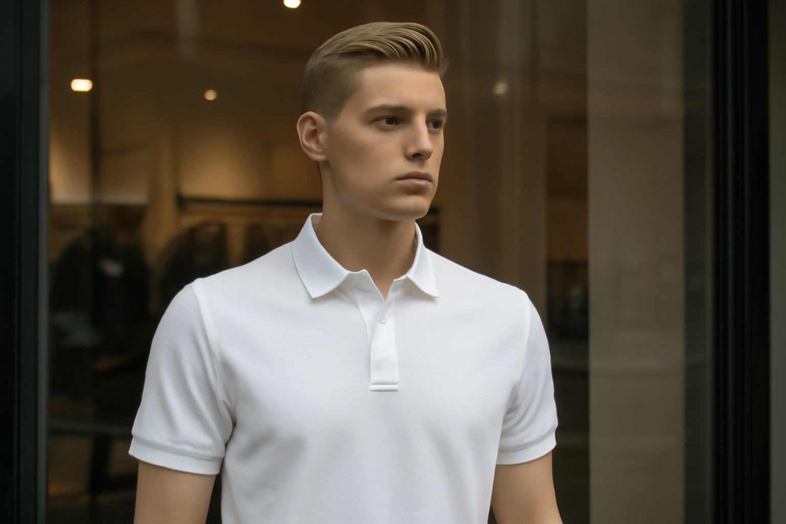 mannequin portant polo classique blanc en vitrine