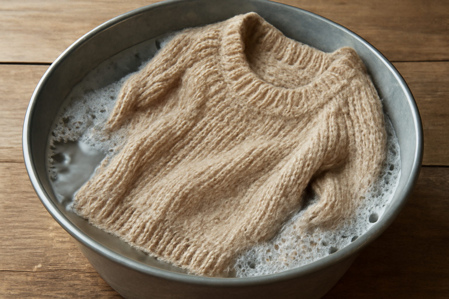 pull en laine trempant dans une bassine