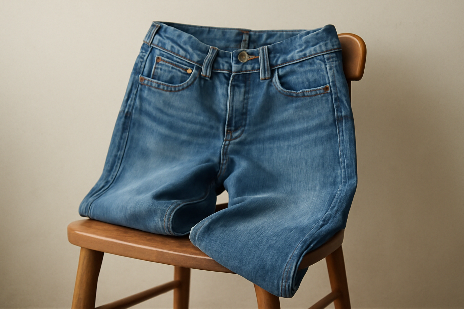 jean denim pose sur chaise en bois