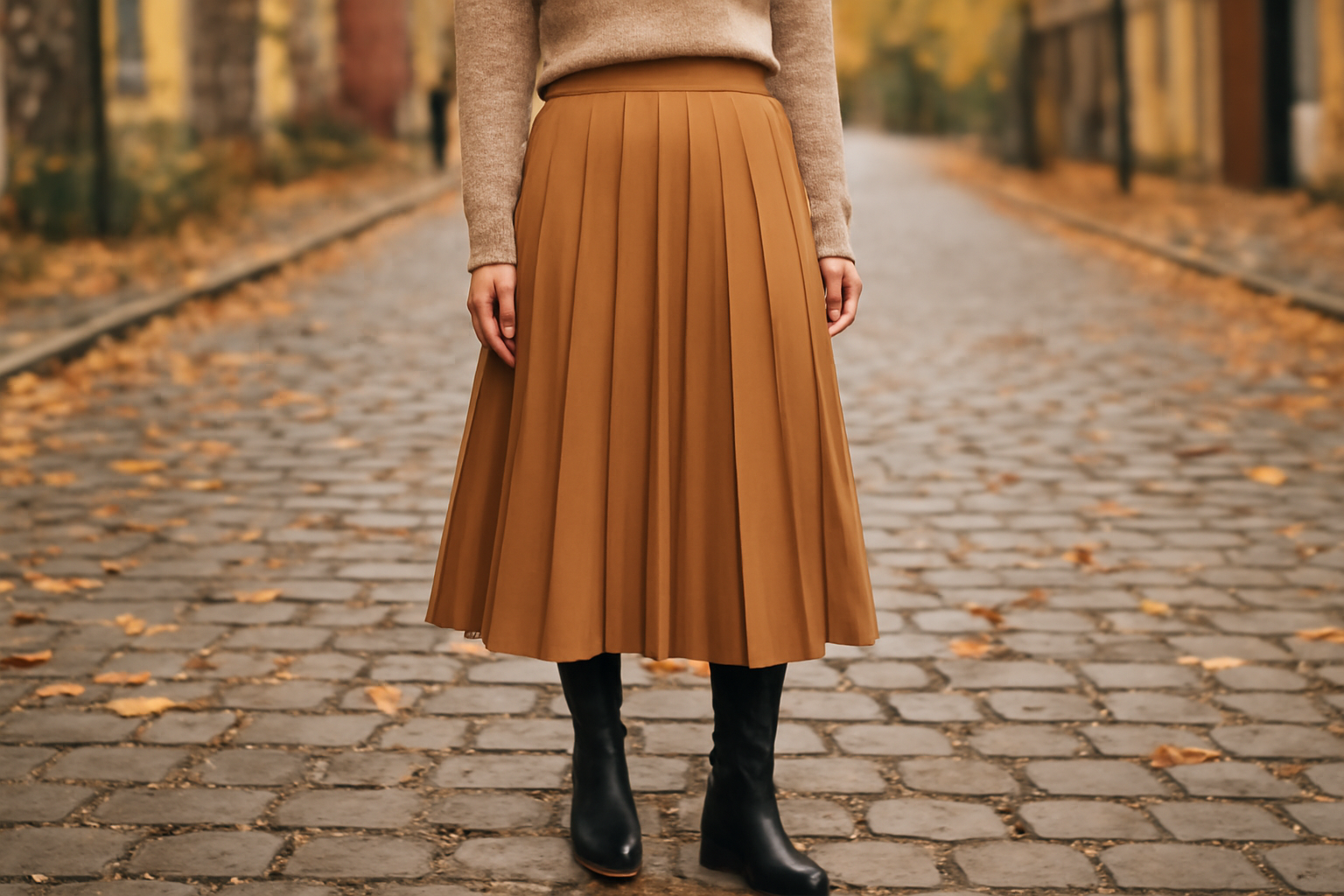 jupe midi portée en rue pavée automnale