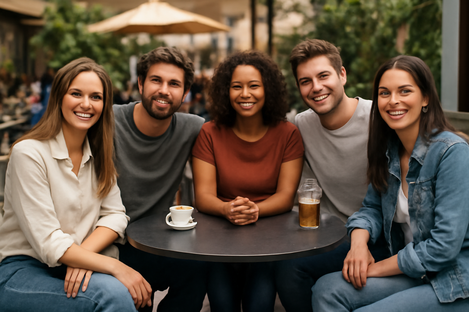 groupe d'amis assis en terrasse habillés casual