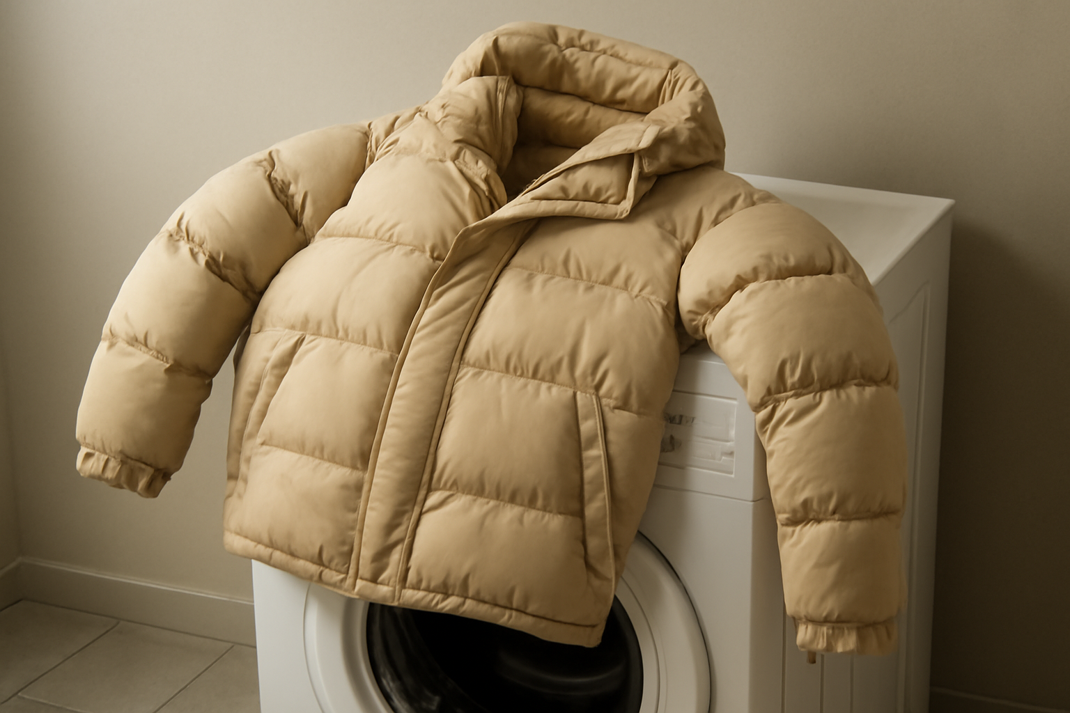 manteau en duvet posé sur machine a laver