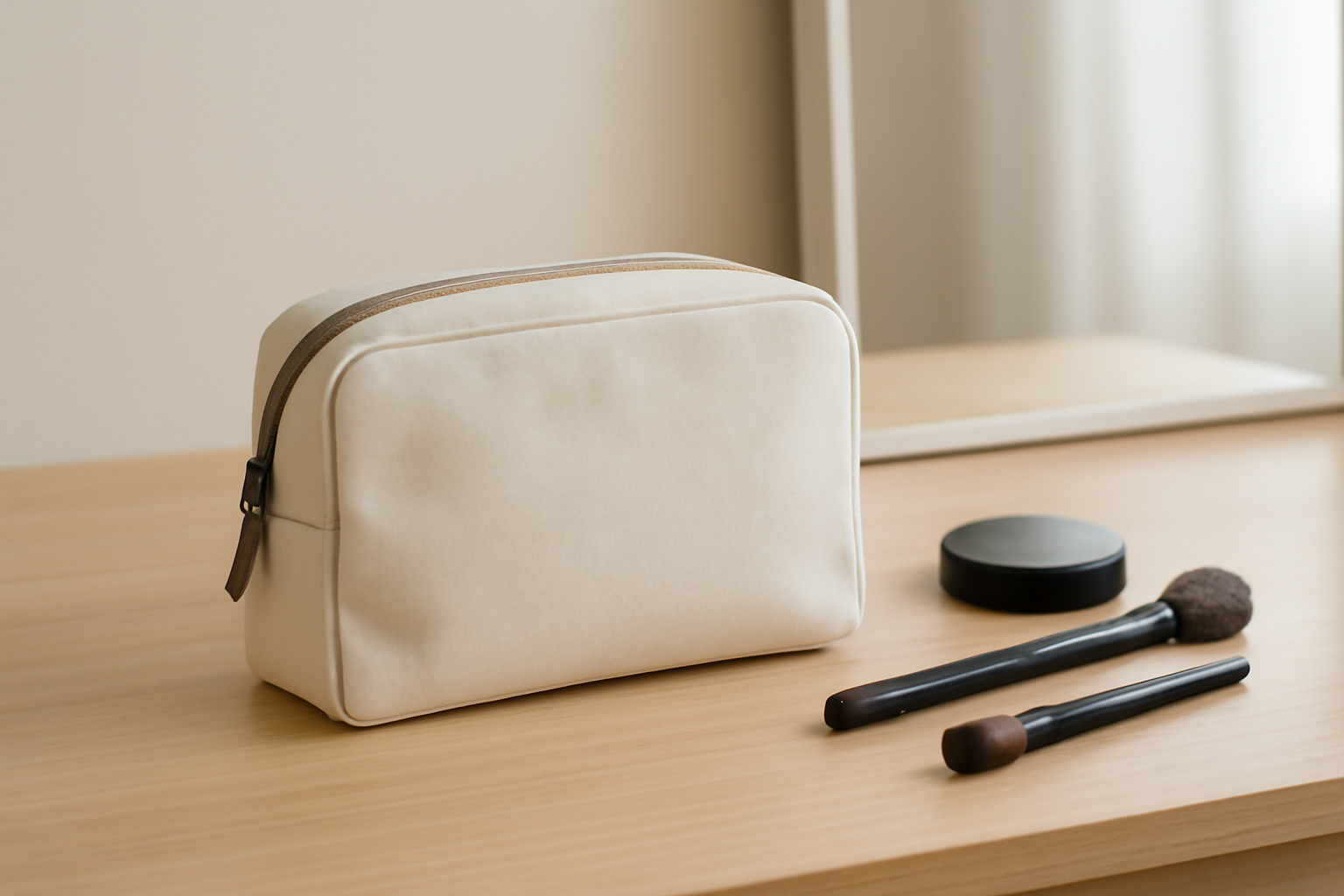 trousse maquillage minimal posée sur coiffeuse