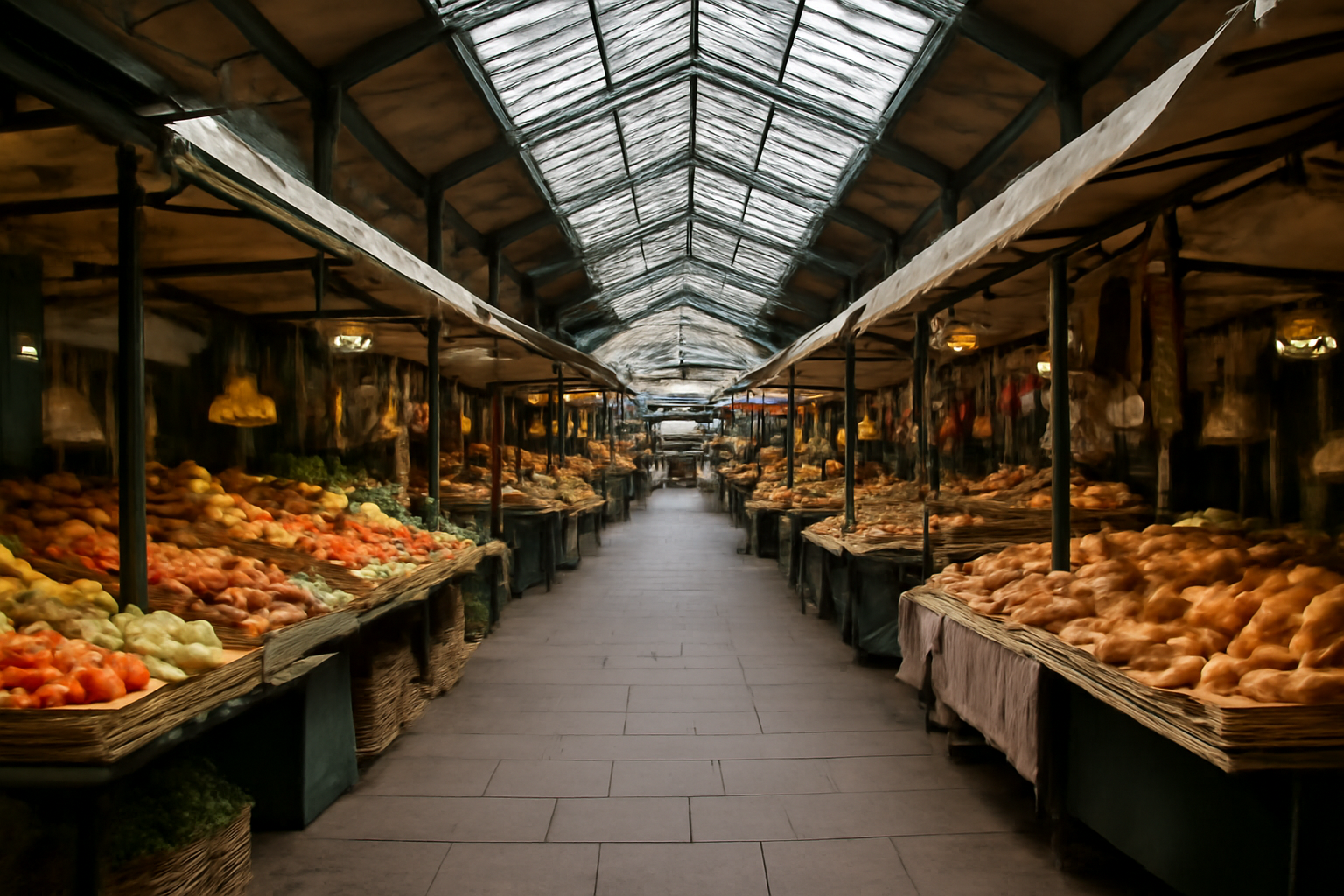 allée de marché couvert avec stands variés
