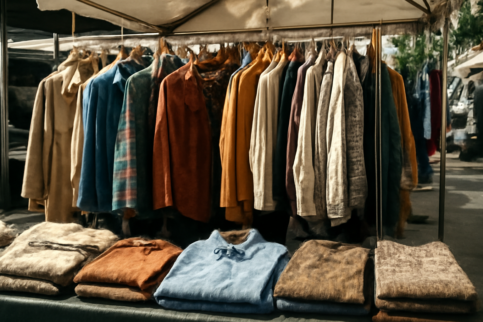 étalage vêtements vintage sur marché en plein air