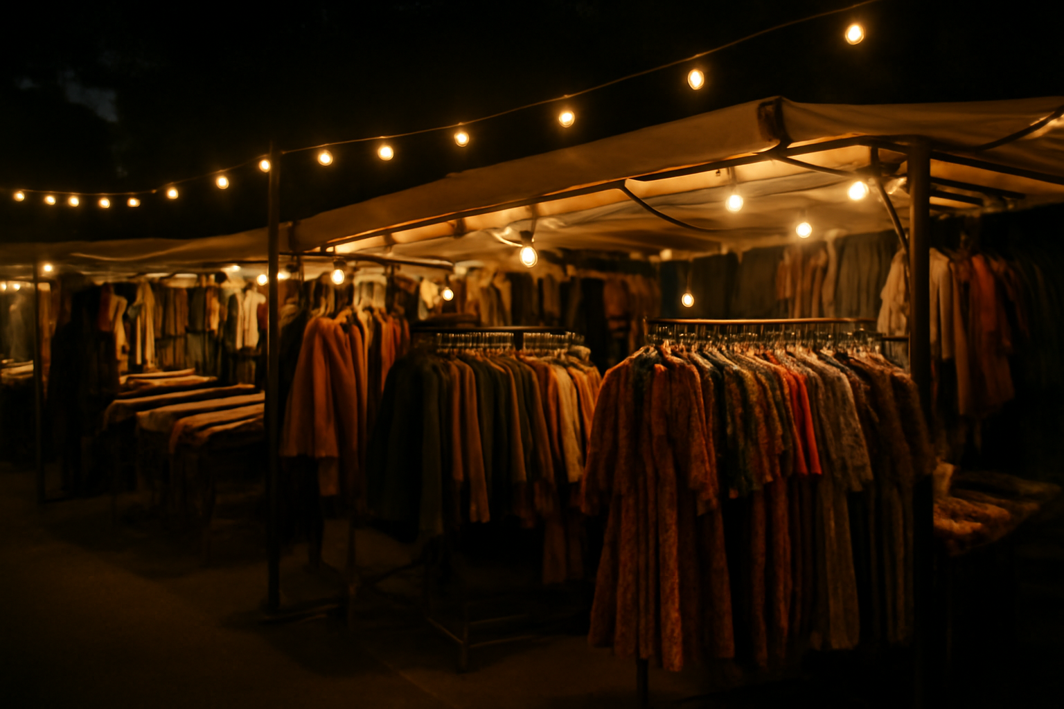stands avec vêtements vintage éclairés la nuit