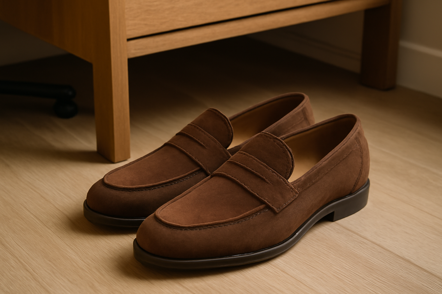 paire de mocassins posée près d'un bureau