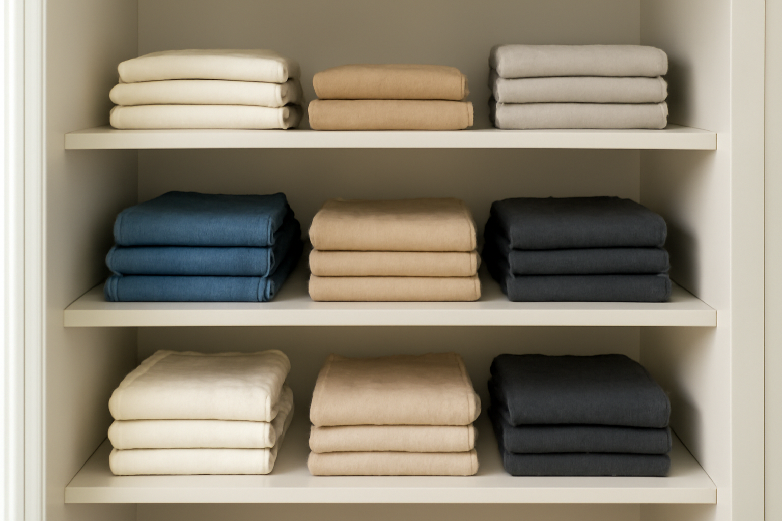 étagères bien rangées avec basiques pliés