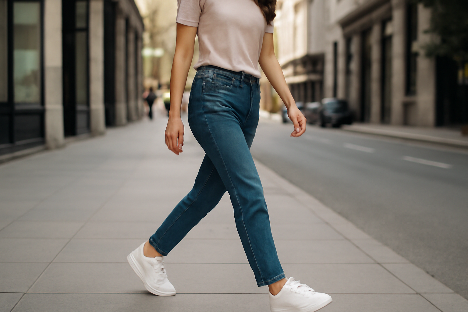 femme marchant en baskets blanches en ville